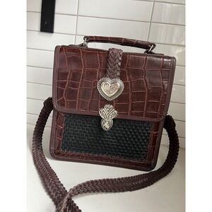 Brighton Mini Briefcase Crossbody w/ Card Slots Brown Black Silver Purse Hearts